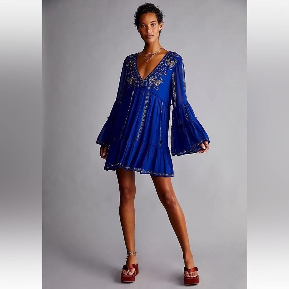 Free People California Dreams Beaded Open Back Bell Sleeve Mini Dress